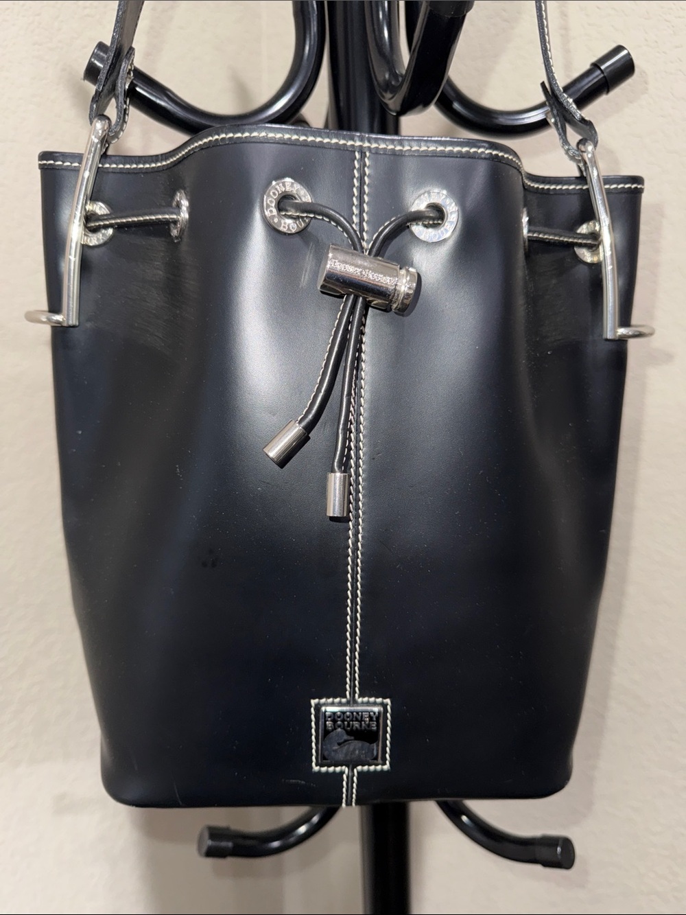 Dooney & Bourke Black Leather Drawstring Bucket Shoulder Bag